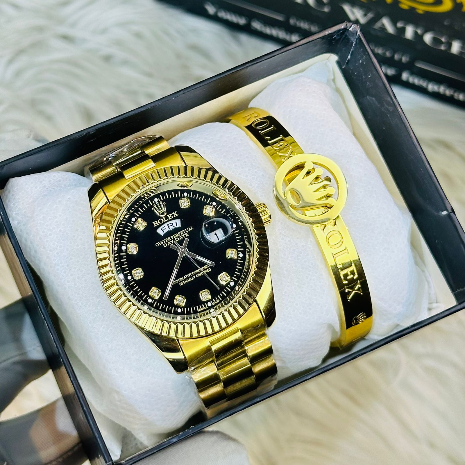 Premium Quality RLX Full Golden Black Carry Watches & Ring Bracelet