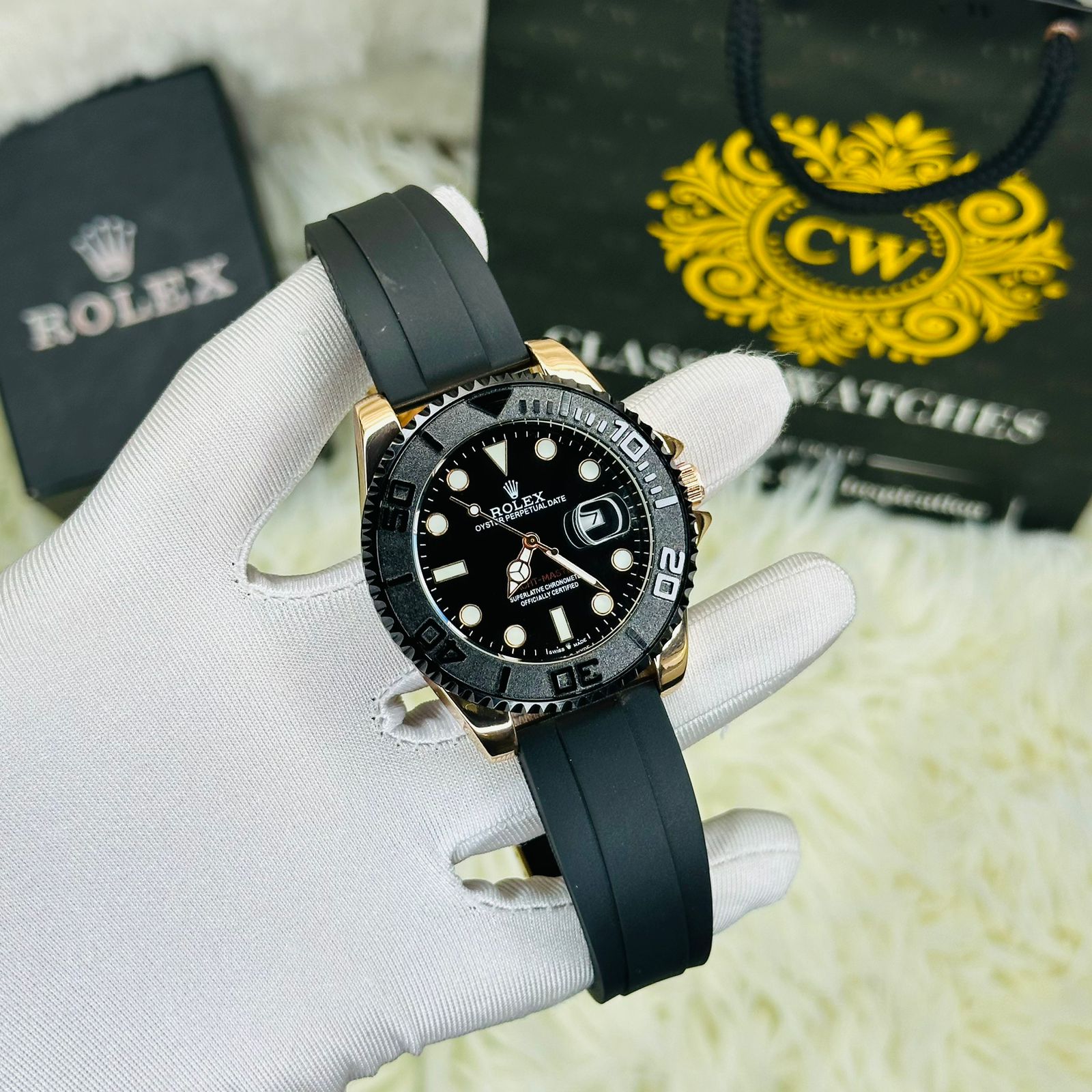 Premium Quality RLX Yach Sub RoseGold Black Belt Watches