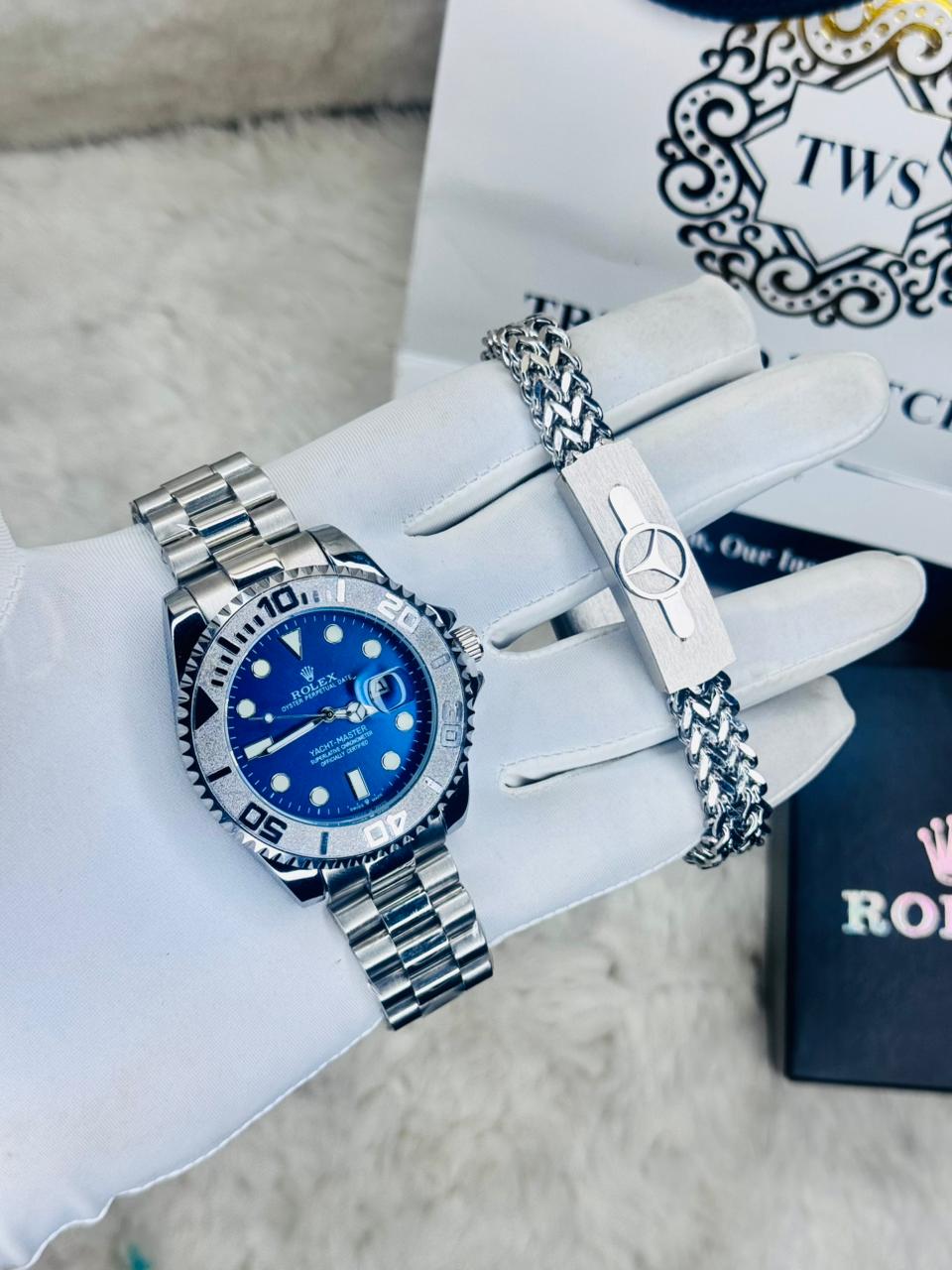 Premiume Quality Yach Sub Silver Blue RLX Watches & Bracelet Combo