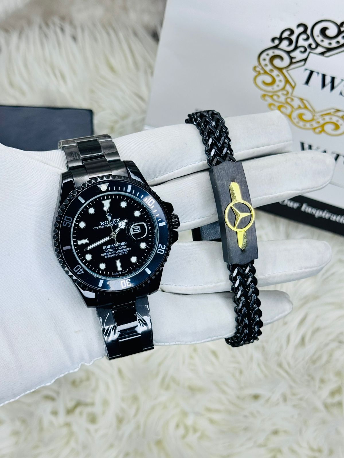 Premiume Quality Yach Sub Full Black RLX Watches & Bracelet Combo